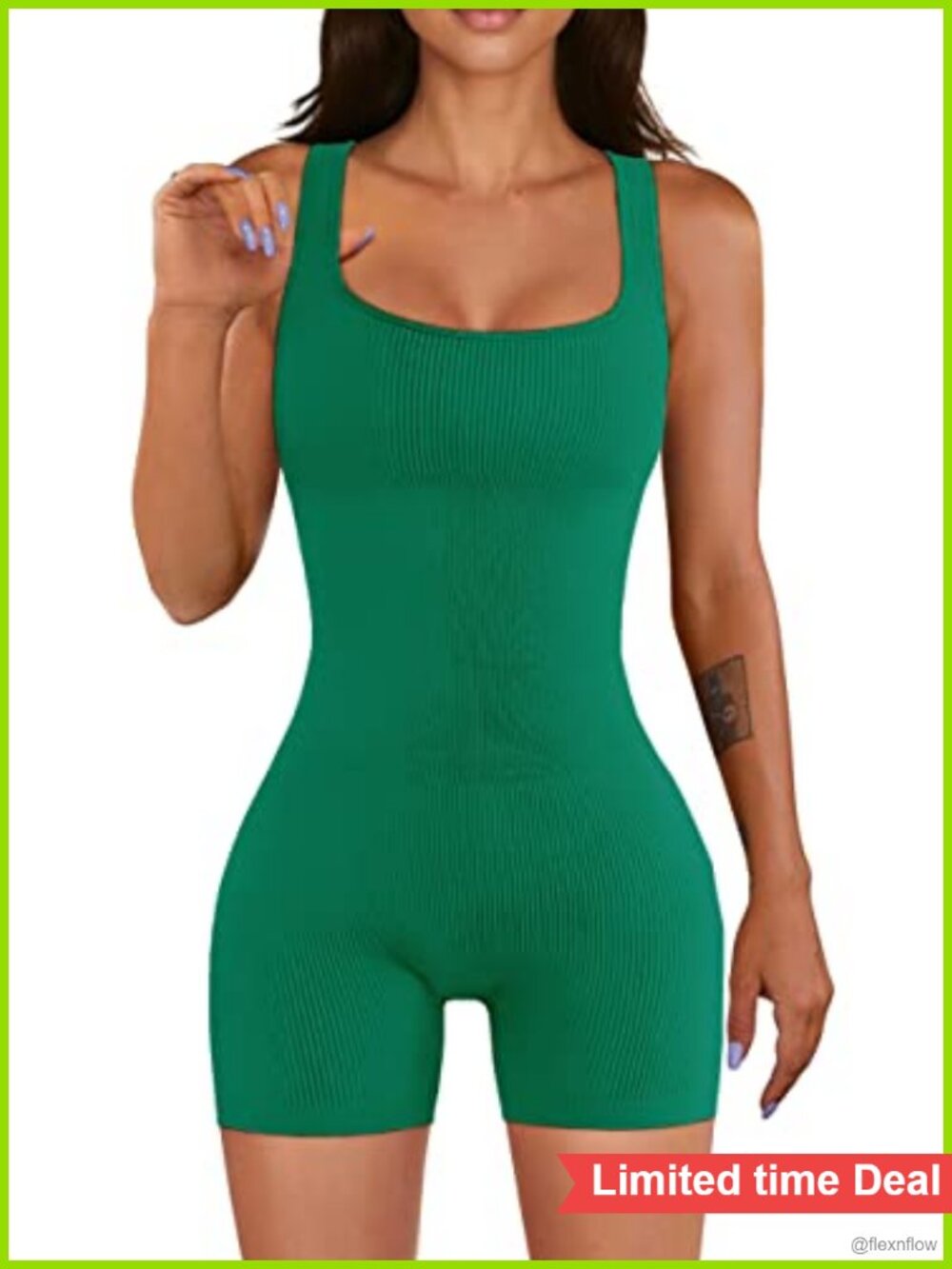Ribbed Seamless Workout Romper Square Neck Sleeveless Shorts Jumpsuit Yoga